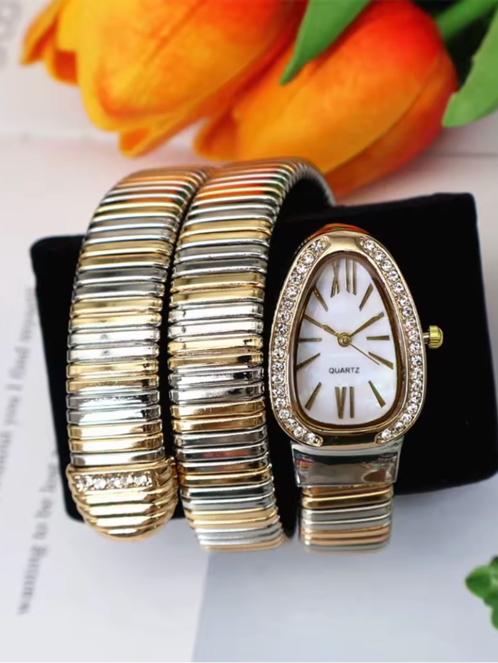 Quartz Women's Two-Tone Wrap Watch with Crystal Accents - Gold & Silver